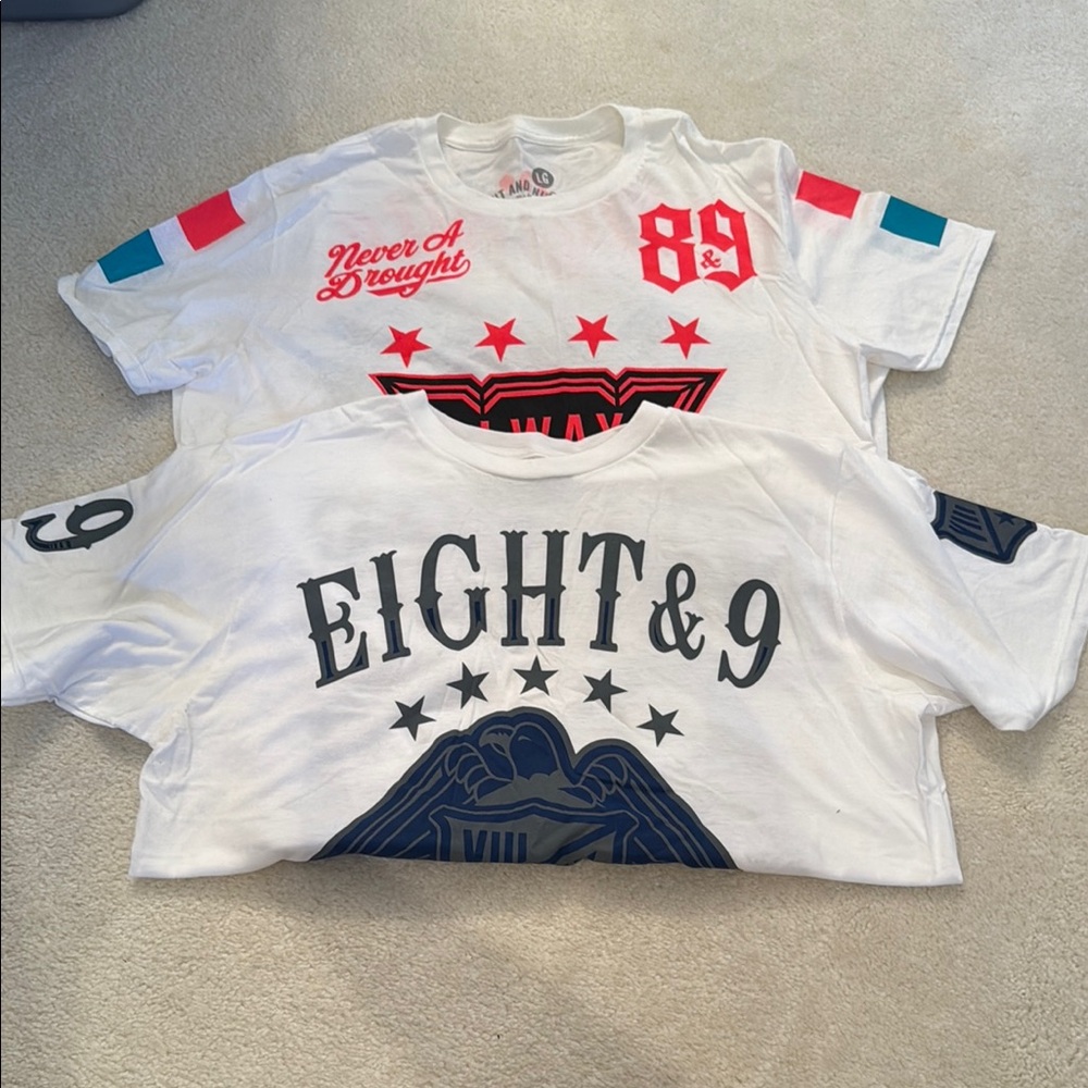 Men’s 2 Shirt Bundle White and Blue & Neon Orange and Teal Graphic T-Shirts